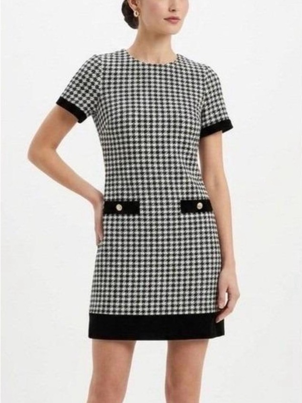 Tommy Hilfiger Gingham Houndstooth Short Sleeve Gold Button Accent Shift Dress 4